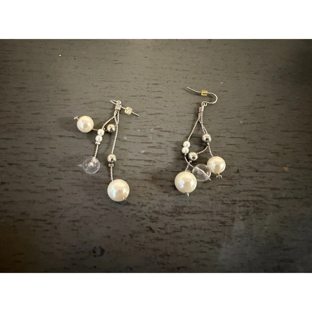 Vintage Silver Tone Faux Pearl Multi Strand Dangle Drop Earrings Clear Bead 2in